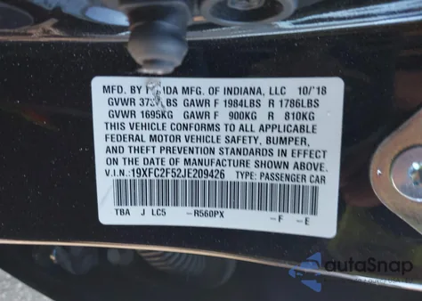 2018 Honda Civic Lx из США, поврежденный, VIN 19XFC2F52JE209426